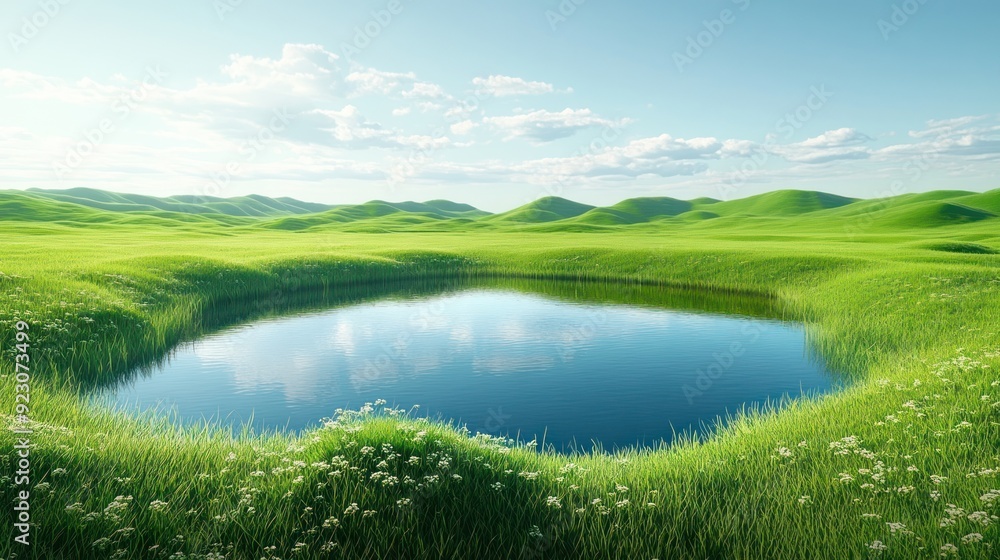 Serene Mountain Lake with Blooming Meadows - Peaceful mountain lake surrounded by lush green meadows and white flowers, under a clear blue sky with fluffy clouds. Serene Mountain Lake with Blooming Meadows - Peaceful mountain lake surrounded by lush green meadows and white flowers, under a clear blue sky with fluffy clouds.