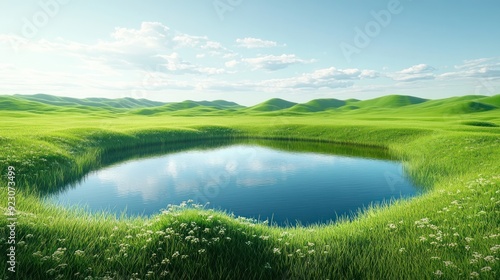 Serene Mountain Lake with Blooming Meadows - Peaceful mountain lake surrounded by lush green meadows and white flowers, under a clear blue sky with fluffy clouds.