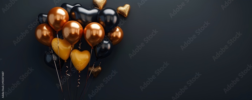 Naklejka premium Black and Gold Heart-Shaped Balloons Against a Dark Background