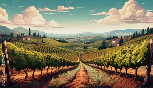 An illustration of a picturesque vineyard with rows of grapevines and a simple backdrop to h photo