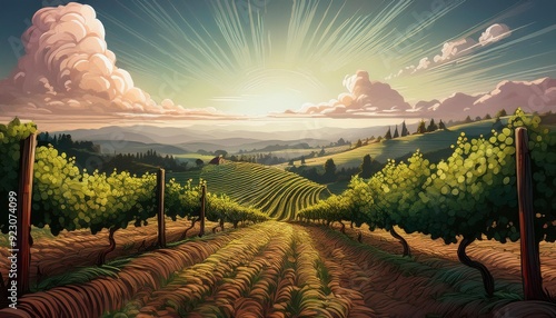 An illustration of a picturesque vineyard with rows of grapevines and a simple backdrop to h photo