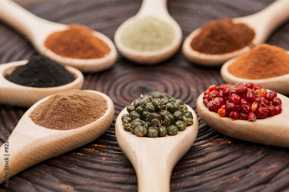 Various kind of spices on wooden spoon - detail of black, green and red pepper seeds Various kind of spices on wooden spoon - detail of black, green and red pepper seeds