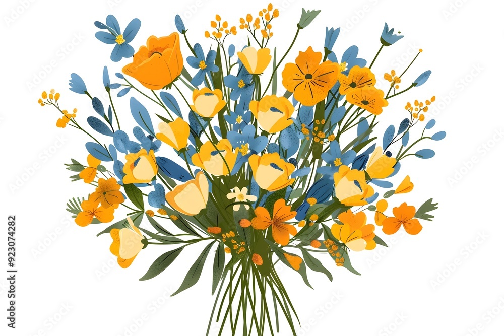 Obraz premium Bouquet of yellow and blue flowers. Stylish yellow and blue flowers bouquet cartoon watercolour illustration isolated on white background