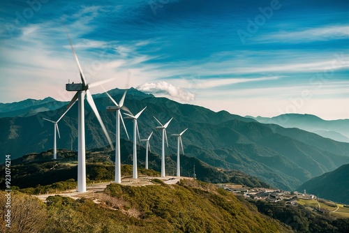 Wind turbines on mountain with blue sky