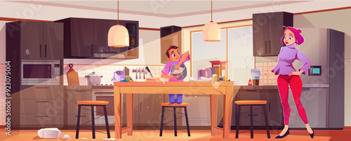 Boy cooking in messy kitchen. Vector cartoon illustration of upset mother looking at son stirring meal in bowl, food stains and spills on dirty table, waste package on floor, handprints on furniture