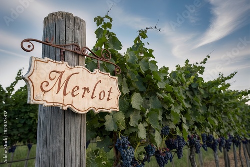 merlot sign on vineyard post