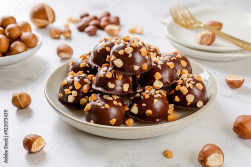 Nougat nut chocolate in a plate on a white background with hazelnut nuts