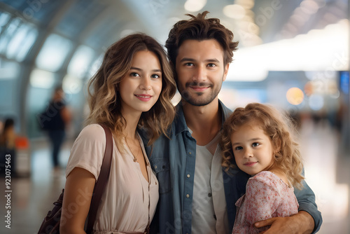A family of three, a man and two women, are posing for a picture in an airport