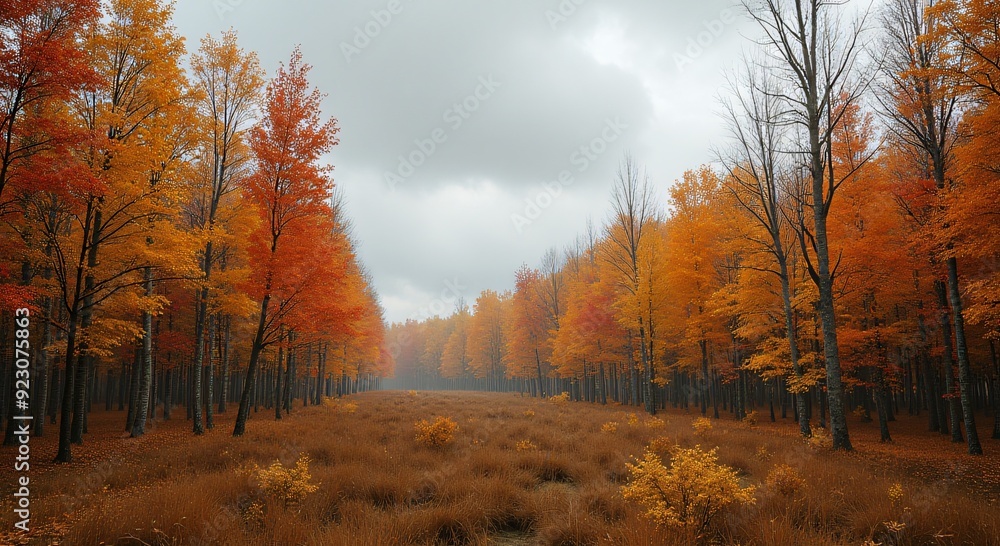 Fototapeta premium Vibrant autumn forest, tall trees with orange leaves, soft focus background, ideal for nature-themed marketing, evokes tranquility, warmth, seasonal appeal, copy space.