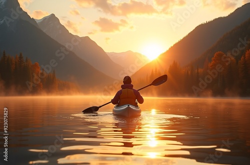 Serene morning kayak adventure, golden sunrise, misty lake, breathtaking mountains, outdoor exploration, emotional connection to nature, copy space available.