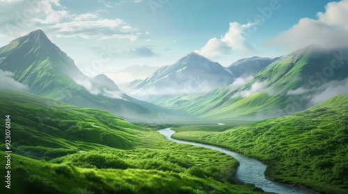 Serene mountain landscape with a river flowing through, lush greenery, realistic, 8K, UHD