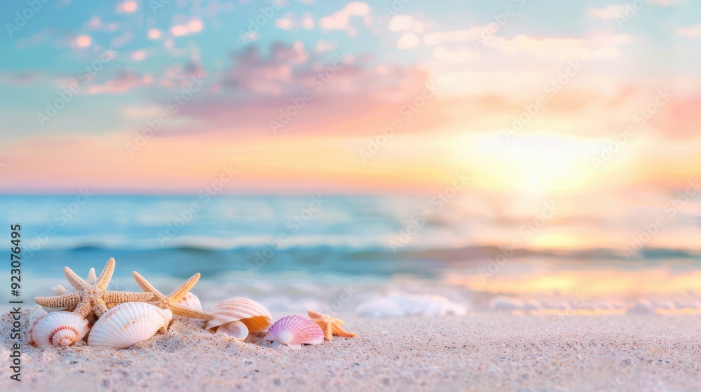 Sunset over a beach with seashells and starfish, tranquil and beautiful. Sunset over a beach with seashells and starfish, tranquil and beautiful.