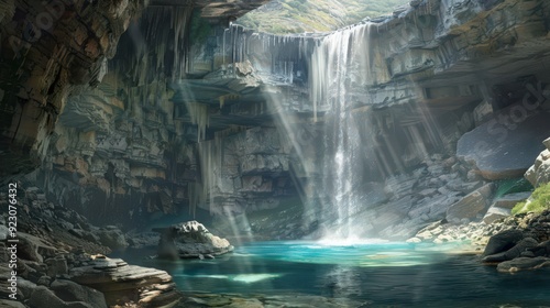 interior features a dramatic waterfall cascading down the rocky walls into a crystal-clear pool,