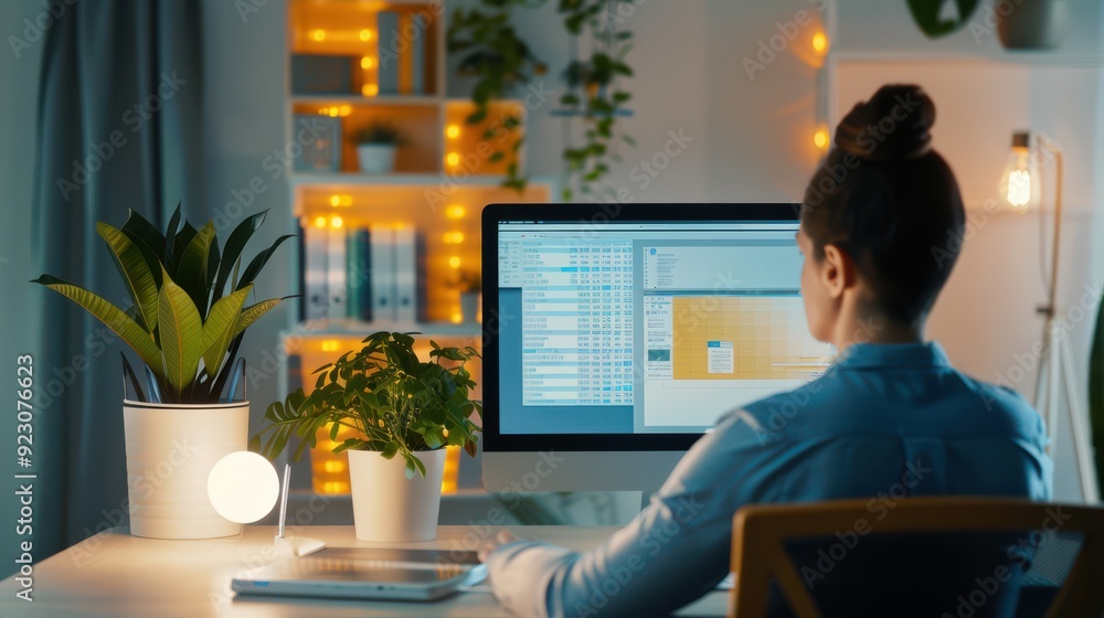 Fototapeta premium Telecommuting setup with project management software on screen, focused and efficient.