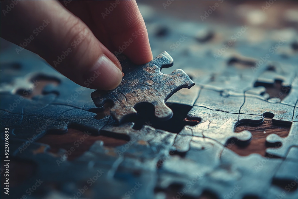 Close up of human hand connecting jigsaw puzzle piece on wooden table Close up of human hand connecting jigsaw puzzle piece on wooden table