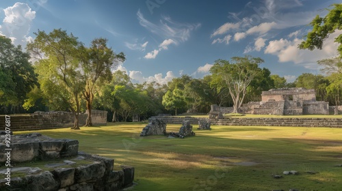 The Central Plaza at Chichen Itza, with its historical ruins and expansive layout surrounded by tropical foliage