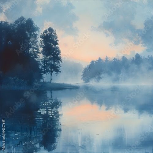 Serene Lakeside Retreat at Dawn with Misty Reflections and Pastel Skies