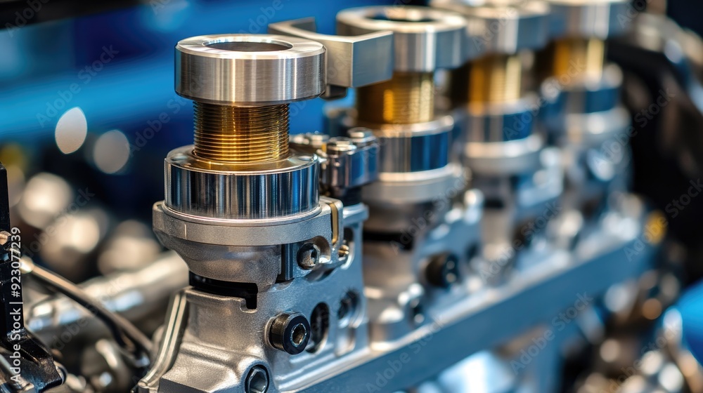 Closeup of a shiny metal engine part with a gold threaded section. Closeup of a shiny metal engine part with a gold threaded section.