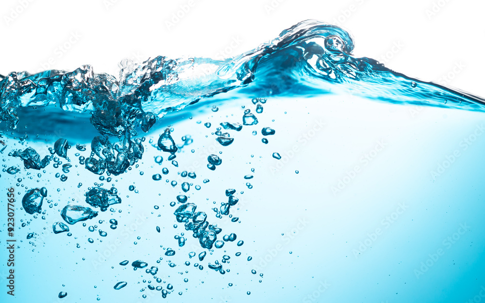 Water Wave, Air Bubbles Float Up Under Water. Water Splashing. Oxygen Relaxation. Blue Water Textured on White Background. Water Wave, Air Bubbles Float Up Under Water. Water Splashing. Oxygen Relaxation. Blue Water Textured on White Background.