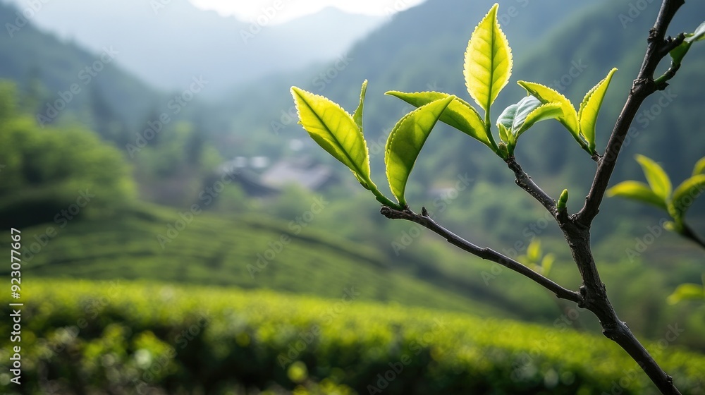Fototapeta premium Close-up of a tea plant branch with fresh green leaves against a blurred background of rolling hills.