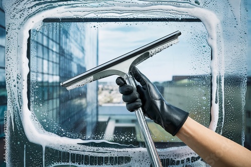 Woman hand with glove holding squeegee for window