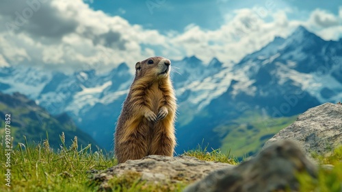 Alpine Marmot with Mountain View