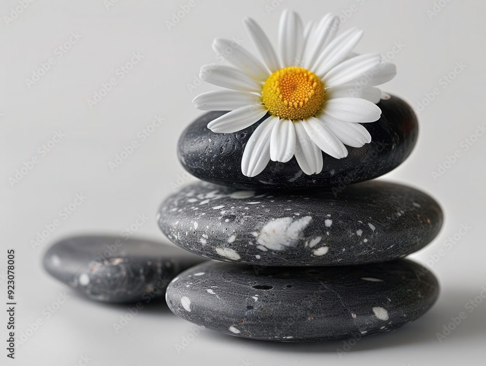 Elegant spa setting featuring a single white daisy atop a stack of smooth black pebbles Isolated on a white background Elegant spa setting featuring a single white daisy atop a stack of smooth black pebbles Isolated on a white background