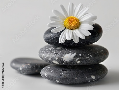 Elegant spa setting featuring a single white daisy atop a stack of smooth black pebbles Isolated on a white background