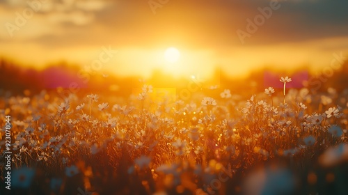 A field of yellow flowers with a bright sun in the background