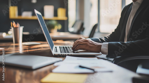 Business Professional Working on Laptop in Modern Office 