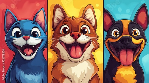 Playful Cats and Dogs with Joyful Emoticon Expressions, An engaging emoticon-style image of cats and dogs playing together, featuring joyful and mischievous expressions, ideal for vibrant and fun pet 