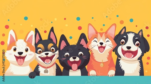 Cheerful emoticon-style illustration of cats and dogs playing together, with joyful and mischievous expressions
