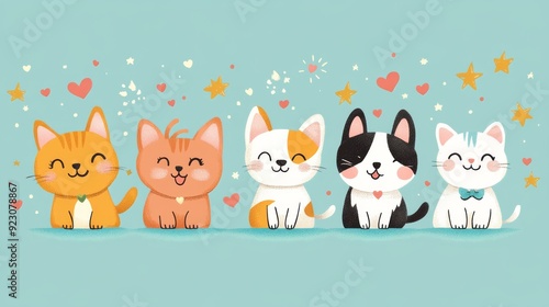 Happy Dogs and Cats with Hearts and Stars in Emoticon Style, A delightful emoticon-style image of dogs and cats surrounded by hearts and stars, expressing love and happiness