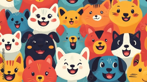 Joyful Playful Dogs and Cats in Emoticon Style, A colorful and cheerful pattern of playful dogs and cats with joyful expressions