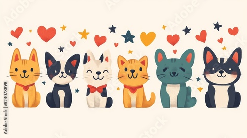 A delightful emoticon-style image of dogs and cats surrounded by hearts and stars, expressing love and happiness, perfect for celebrating pets in a joyful design.