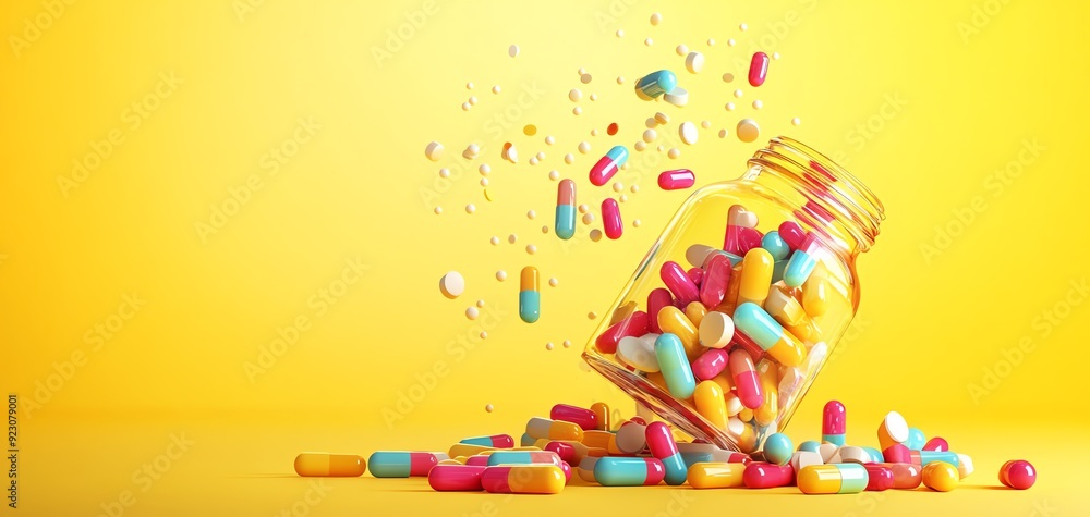 Spilled glass jar with colorful pills on yellow background, showcasing vibrant healthcare and pharmaceutical concept. Spilled glass jar with colorful pills on yellow background, showcasing vibrant healthcare and pharmaceutical concept.