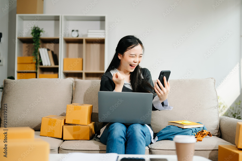 Young businesswoman managing online sales and shipping from a modern home office. Young businesswoman managing online sales and shipping from a modern home office.