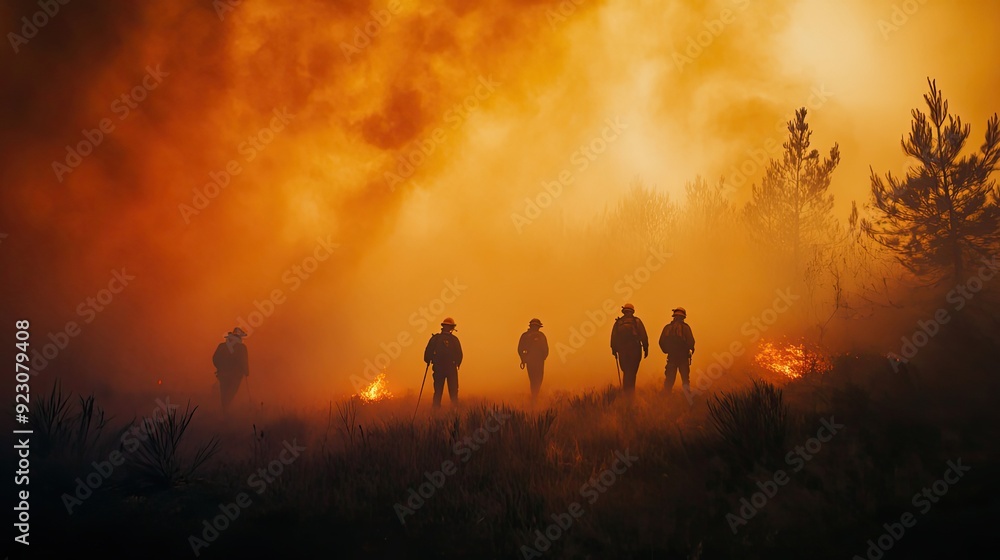 Fototapeta premium Silhouettes of Firefighters Battling a Forest Fire