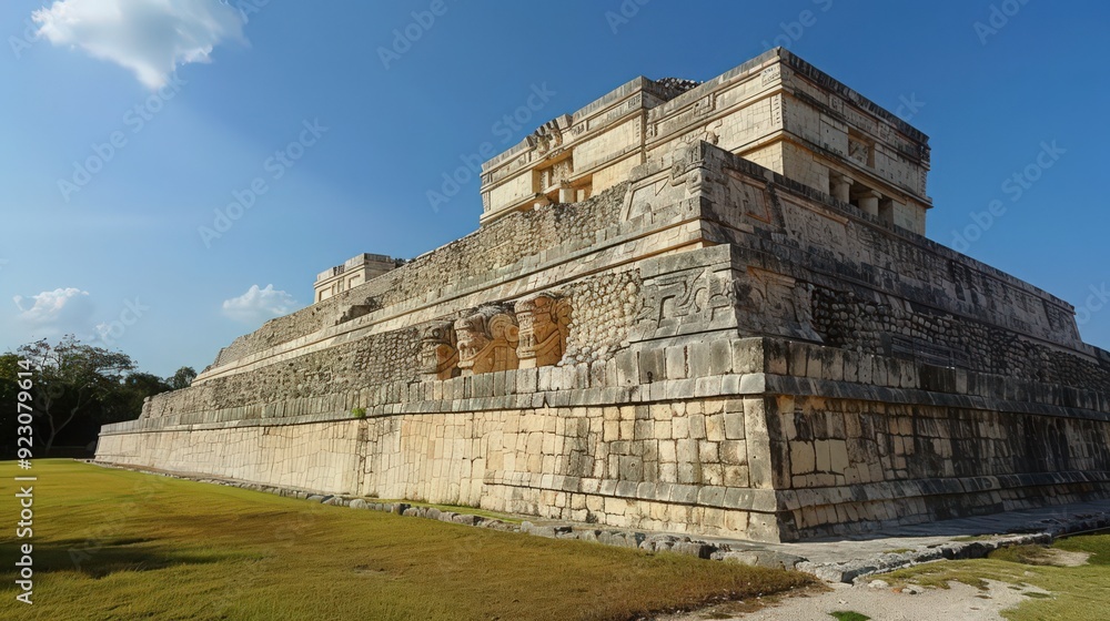 The impressive Ball Court at Chichen Itza, showcasing its grandeur and the intricate carvings on the surrounding walls The impressive Ball Court at Chichen Itza, showcasing its grandeur and the intricate carvings on the surrounding walls
