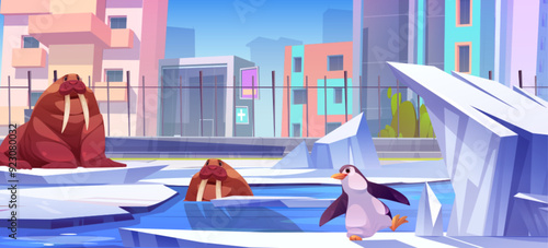 City zoo park outdoor enclosure with northern animals. Cartoon vector illustration of cute penguin and walrus on ice and snow ground, in water lake front of town multistory buildings behind fence.