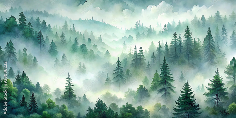 Obraz premium Misty Mountain Forest: A breathtaking landscape of lush green pines shrouded in ethereal mist, creating a serene and mystical atmosphere. The soft light filtering through the fog adds an air of tranqu