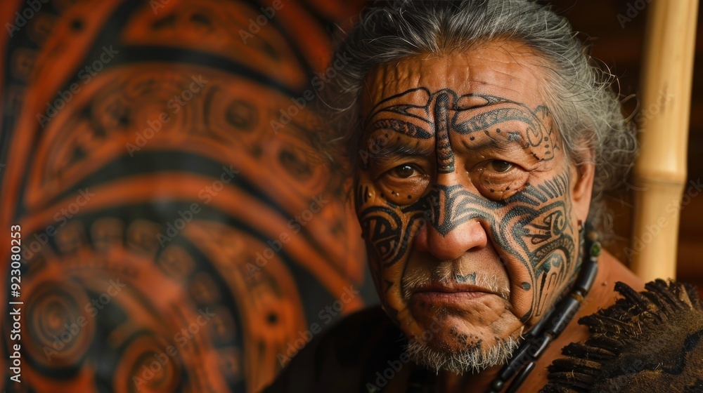 An elderly man showcases his traditional tattoos in a warm cultural setting, emphasizing heritage and artistry An elderly man showcases his traditional tattoos in a warm cultural setting, emphasizing heritage and artistry