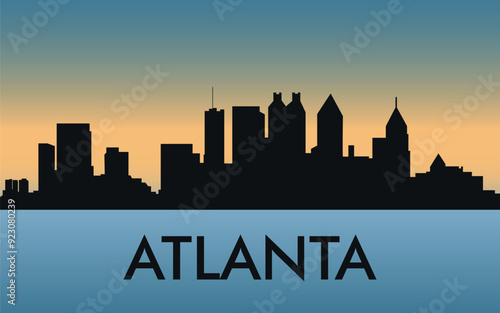 Atlanta. The city skyline. Silhouettes of buildings. The sunset of the day. Vector on a blue background