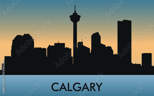 Galgary. The city skyline. Silhouettes of buildings. The sunset of the day. Vector on a blue background