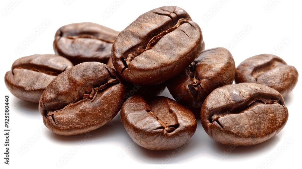 The image displays a close-up of several roasted coffee beans with a rich brown color, indicative of a medium to dark roast level. The image displays a close-up of several roasted coffee beans with a rich brown color, indicative of a medium to dark roast level.