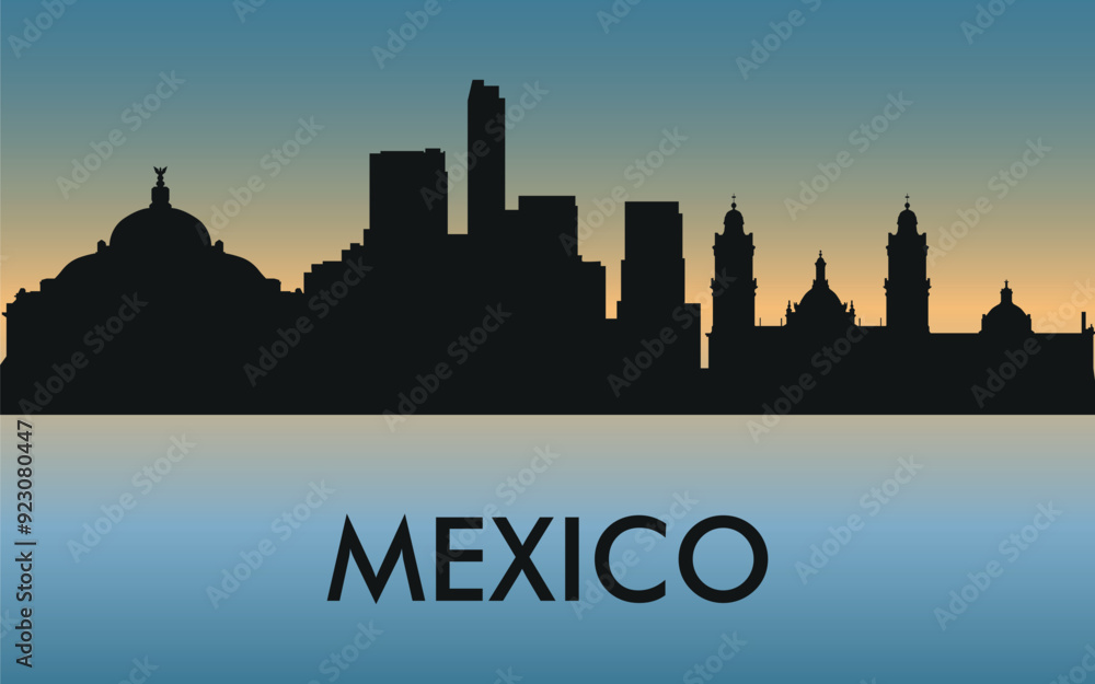 Naklejka premium Mexico. The city skyline. Silhouettes of buildings. The sunset of the day. Vector on a blue background