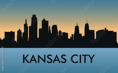 Kansas City. The city skyline. Silhouettes of buildings. The sunset of the day. Vector on a blue background