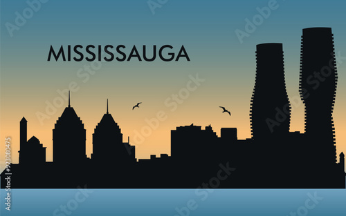 Mississauga. The city skyline. Silhouettes of buildings. The sunset of the day. Vector on a blue background
