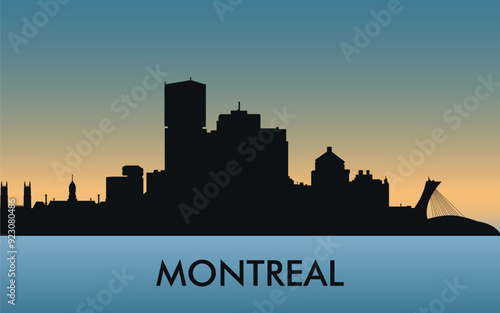 Montreal The city skyline. Silhouettes of buildings. The sunset of the day. Vector on a blue background