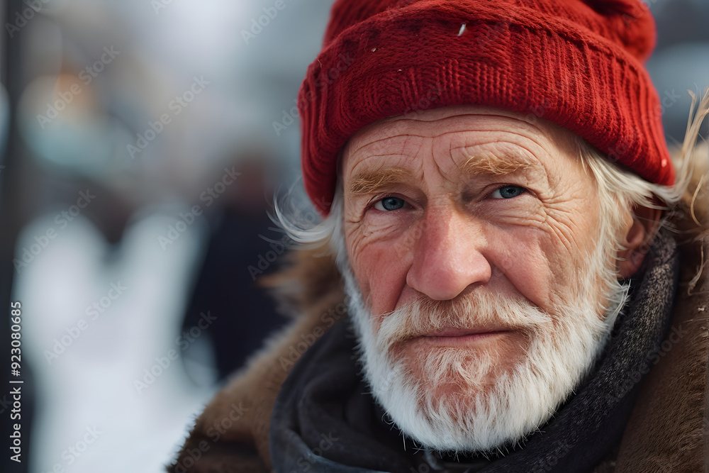 A man wearing a red hat and a black coat A man wearing a red hat and a black coat